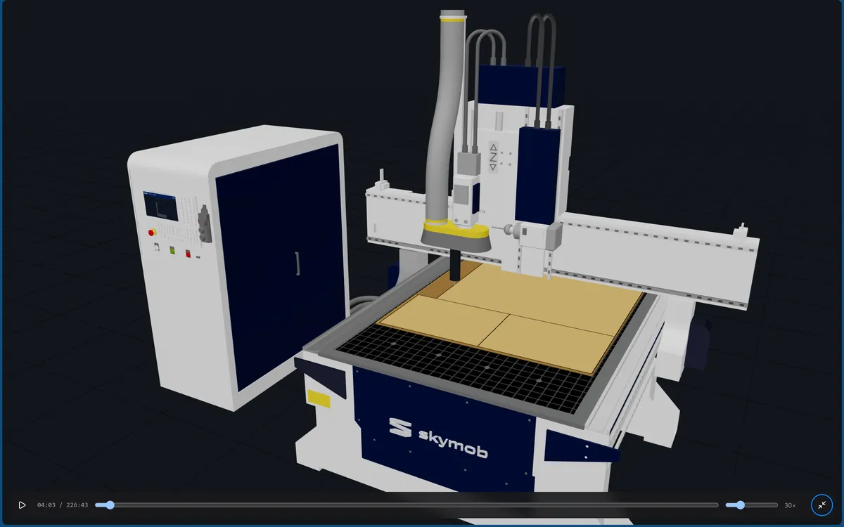 Simulação 3D da CNC de nesting SkyMob a maquinar uma placa